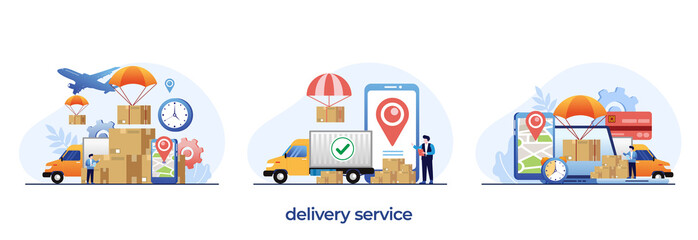 Fototapeta na wymiar delivery services concept, online delivery application, worldwide express deliver, shopping package flat illustration vector