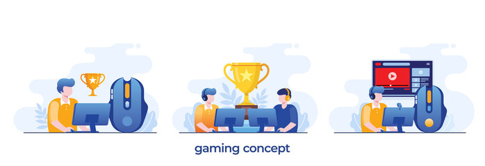 Online gaming with gadget, gamer, video game, e-sport. Entertainment flat vector illustration