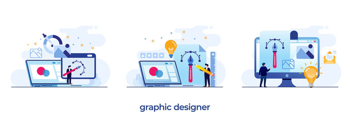 graphic designer concept, job freelance, illustrator, art, editor, skills, ui and ux flat illustration vector
