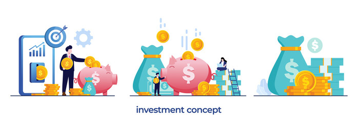 investment concept, growth, investor, financial investing, saving wallet, banking, piggy bank, flat design illustration vector