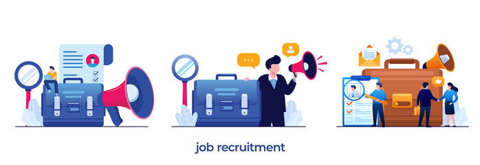 job recruitment, hiring, job agency, career, we are hiring, recruit, employment, flat design illustration
