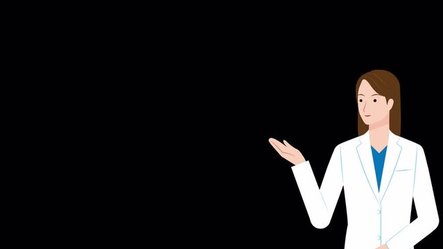 正面から斜め横を向いて説明する白衣を着た女性のイラスト動画