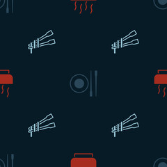 Set Ramen soup bowl, Food chopsticks with plate and noodles on seamless pattern. Vector