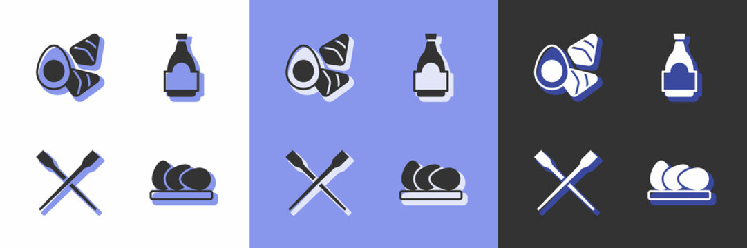 Set Chicken egg, with vegerables, Food chopsticks and Soy sauce bottle icon. Vector