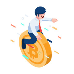 Isometric Businessman Riding Flying Bitcoin