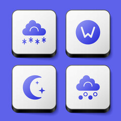 Set Cloud with snow, Compass north, Moon and stars and Hail cloud icon. White square button. Vector