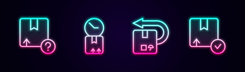 Set line Carton cardboard box, Cardboard with clock, Return and . Glowing neon icon. Vector