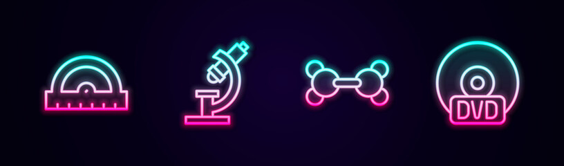 Set line Protractor grid, Microscope, Molecule and CD DVD disk. Glowing neon icon. Vector
