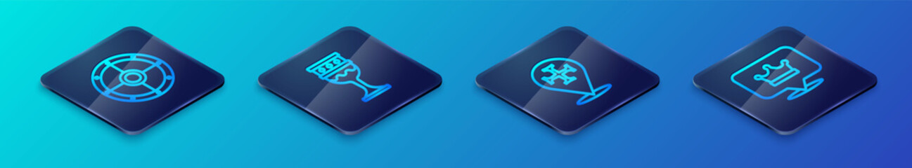 Set Isometric line Crusade, Round shield, King crown and Medieval goblet icon. Vector