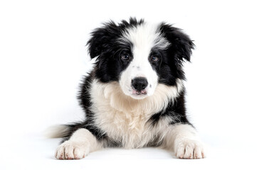 One black and white border collie puppy dog looking and posing for the camera in a studio in a white background