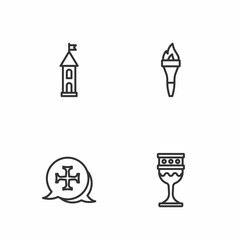 Set line Medieval goblet, Crusade, Castle tower and Torch flame icon. Vector