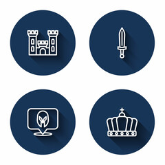 Set line Castle, Medieval sword, helmet and King crown with long shadow. Blue circle button. Vector