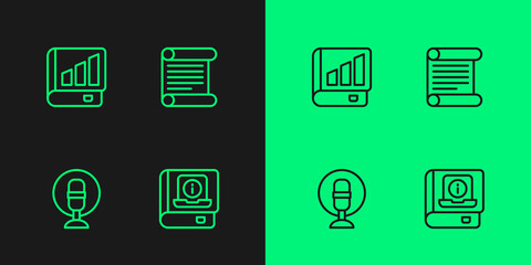 Set line User manual, Microphone, Financial book and Decree, parchment, scroll icon. Vector