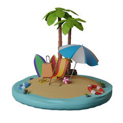 summer vacation beach theme 3d illustration with beach chairs and ball on tropical sandy island