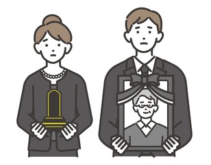 Naklejka premium 喪服を着て遺影と位牌を持つ男女の夫婦のベクターイラスト素材／夫婦／葬儀／法事