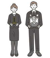 喪服を着て遺影と位牌を持つ男女の夫婦のベクターイラスト素材／夫婦／葬儀／法事