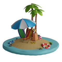 summer vacation beach theme 3d illustration with beach chairs and ball on tropical sandy island