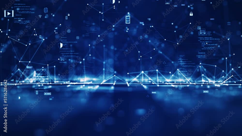 Aufkleber cybersecurity technology concept internet network connection digital data protection. connected polygons Binary code and slow moving icons on dark blue background.