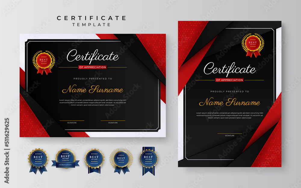 Wall mural modern black and red certificate of achievement award template with badge and border for business an