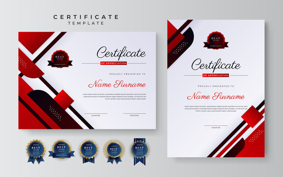 Modern black and red certificate of achievement award template with badge and border for business and corporate