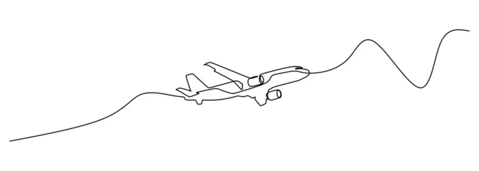 Crédence de cuisine en verre imprimé Une ligne Single line drawing : commercial airplane takeoff and climb. Takeoff is the phase of flight in which an aerospace vehicle leaves the ground and becomes airborne. Vector illustration for transportation