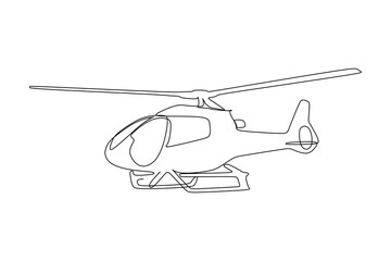 single continuous line drawing of a helicopter flying. Hand drawing style for transportation concept