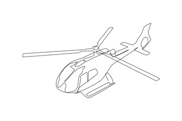 single continuous line drawing of a helicopter flying. Hand drawing style for transportation concept