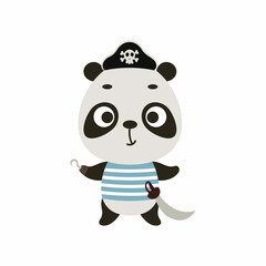 Cute little pirate panda with hook and blindfold. Cartoon animal character for kids t-shirts, nursery decoration, baby shower, greeting card, invitation, house interior. Vector stock illustration