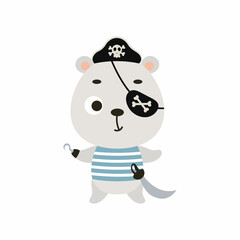 Cute little pirate polar bear with hook and blindfold. Cartoon animal character for kids t-shirts, nursery decoration, baby shower, greeting card, invitation, house interior. Vector stock illustration