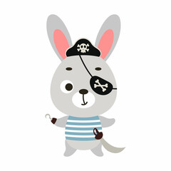 Fototapeta na wymiar Cute little pirate bunny with hook and blindfold. Cartoon animal character for kids t-shirts, nursery decoration, baby shower, greeting card, invitation, house interior. Vector stock illustration