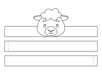 Printable sheep paper crown. Fun accessory for entertainment. Diy cut party ribbon template for birthday, christmas, baby shower. Print, color, cut and glue. Vector stock illustration.