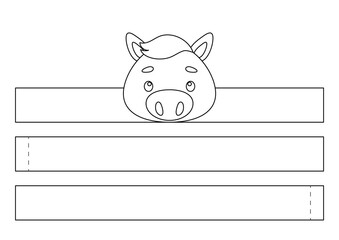 Printable horse paper crown. Fun accessory for entertainment. Diy cut party ribbon template for birthday, christmas, baby shower. Print, color, cut and glue. Vector stock illustration.