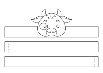 Printable cow paper crown. Fun accessory for entertainment. Diy cut party ribbon template for birthday, christmas, baby shower. Print, color, cut and glue. Vector stock illustration.