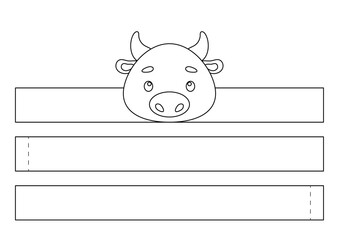 Printable bull paper crown. Fun accessory for entertainment. Diy cut party ribbon template for birthday, christmas, baby shower. Print, color, cut and glue. Vector stock illustration.