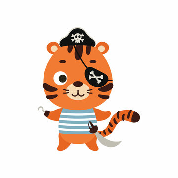 Cute little pirate tiger with hook and blindfold. Cartoon animal character for kids t-shirts, nursery decoration, baby shower, greeting card, invitation, house interior. Vector stock illustration