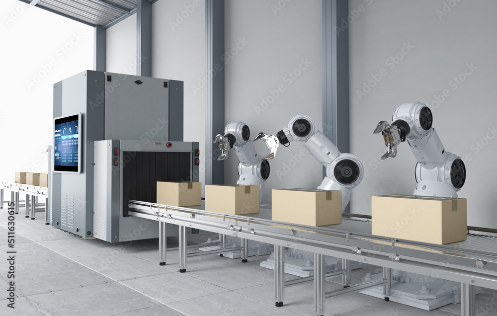 Aufkleber automation industry concept with robot assembly line in factory