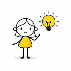 Businesswoman who has a light bulb above his head on white background. Hand drawn doodle woman. Idea and creativity concept. Vector stock illustration
