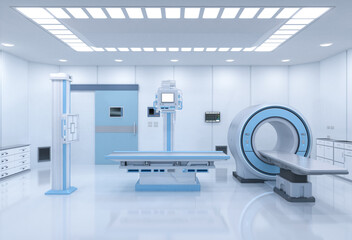 Hospital radiology room with mri scanner and x-ray machine