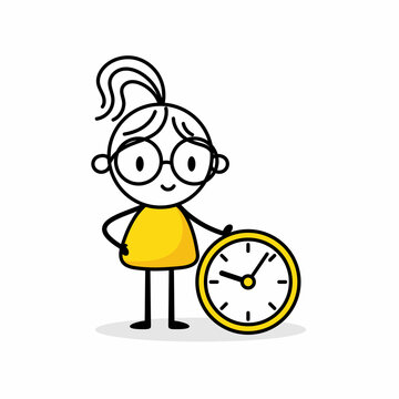 Businesswoman leaning on a clock on white background. Hand drawn doodle woman. Vector stock illustration