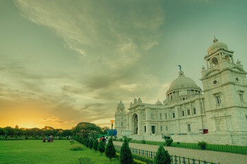 Sunrise at Victoria Memorial, Kolkata , Calcutta, West Bengal, India . A Historical Monument of Indian Architecture. Built to commemorate Queen Victoria's 25 years reign in India.