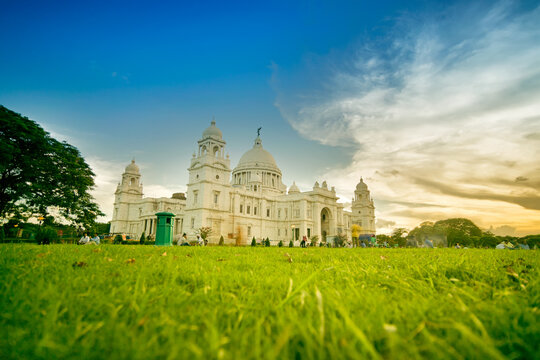 Sunset at Victoria Memorial, Kolkata , Calcutta, West Bengal, India . A Historical Monument of Indian Architecture. Built to commemorate Queen Victoria's 25 years reign in India.