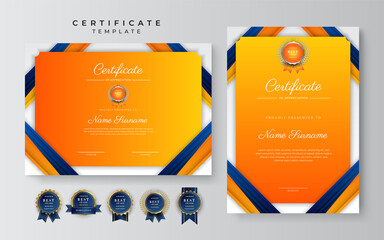 Modern orange and blue certificate of achievement award template with badge and border for business and corporate