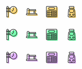 Set line Train station board, clock, Railway barrier and and railway icon. Vector