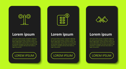 Set line Train traffic light, Online ticket booking and Flag. Business infographic template. Vector