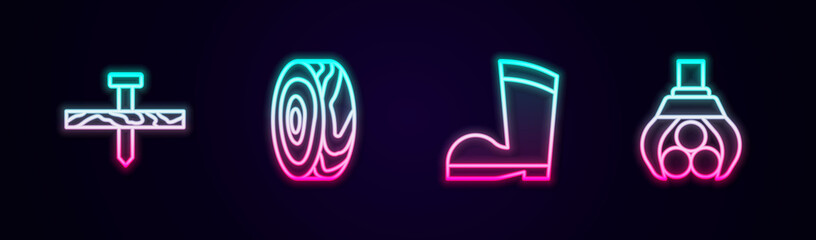 Set line Metallic nail, Tree rings, Waterproof rubber boot and Grapple crane grabbed log. Glowing neon icon. Vector