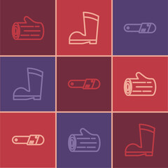 Set line Wooden log, Chainsaw and Waterproof rubber boot icon. Vector