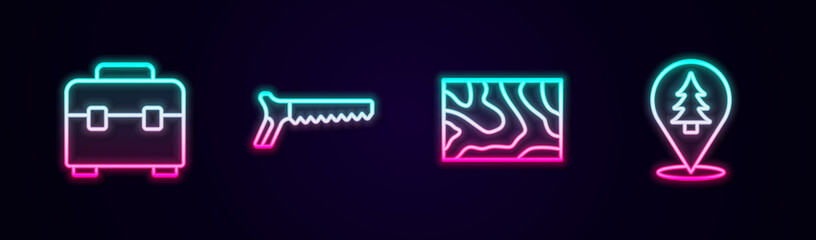 Set line Toolbox, Hand saw, Wooden beam and Location of the forest. Glowing neon icon. Vector