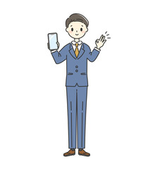 スマホを持ってOKポーズをするスーツ男性【ブルー】【全身】