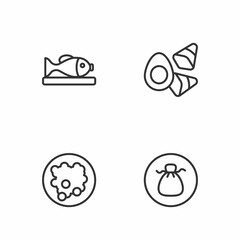 Set line Wonton, Rice in a bowl, Served fish plate and Chicken egg with vegerables icon. Vector