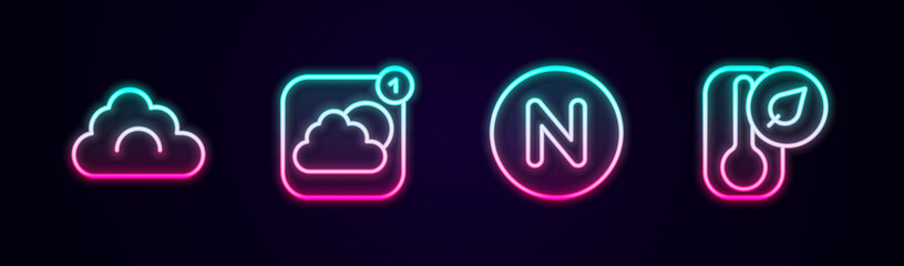 Set line Cloud, Weather forecast app, Compass north and Thermometer. Glowing neon icon. Vector